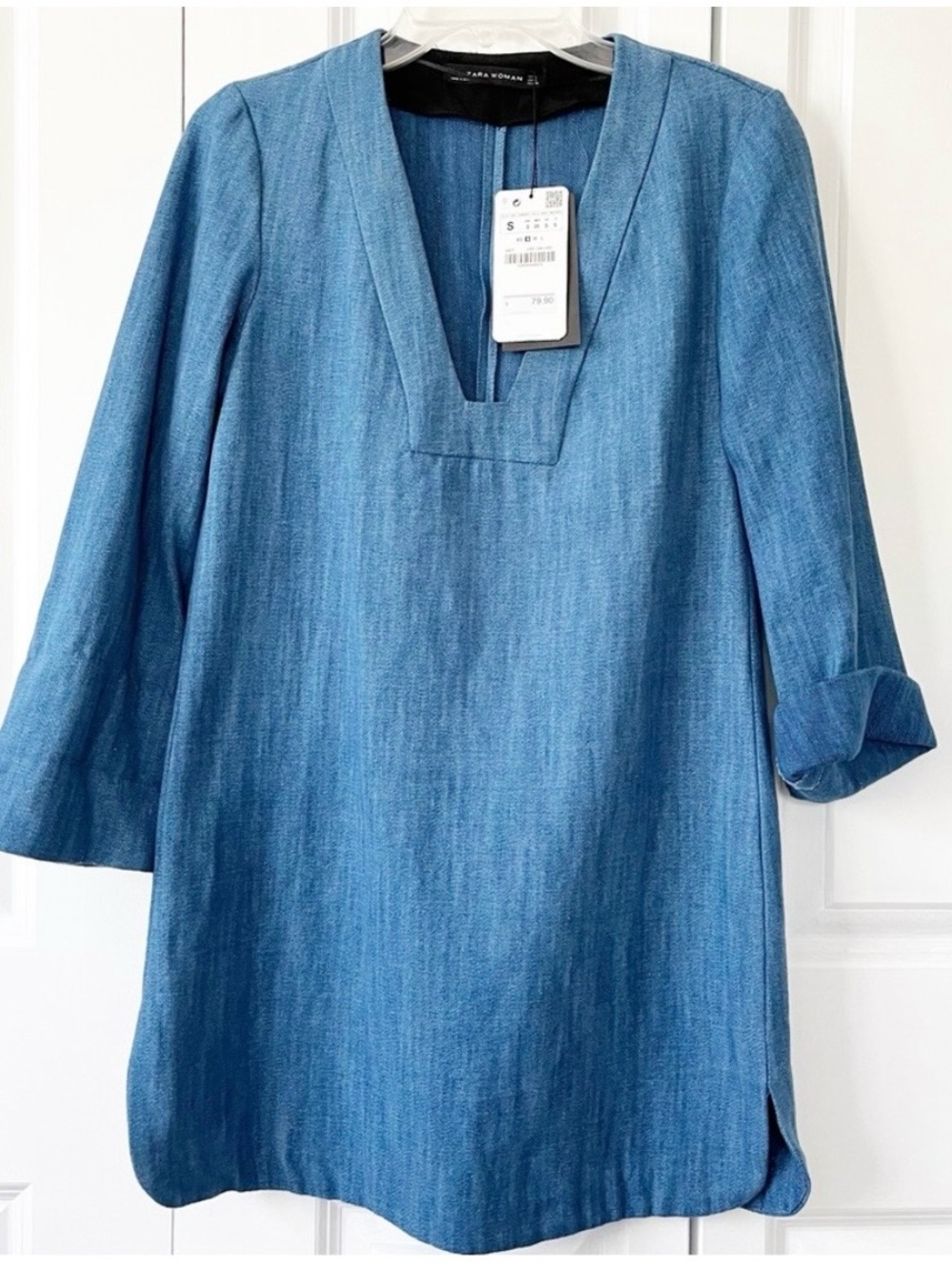 NWT Zara Light Blue V‑Neck Denim Mini Dress/Tunic Top